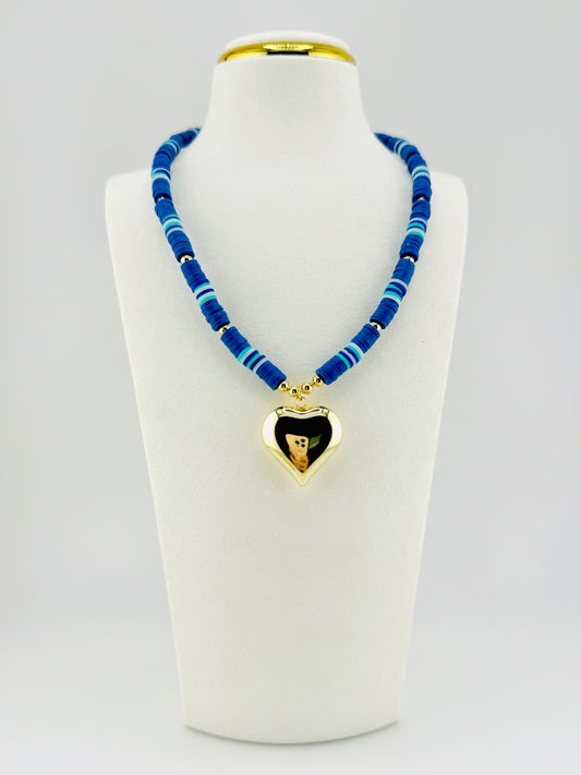 Blue heishi necklace with a heart pendant in 18k gold filled
