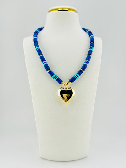 Blue heishi necklace with a heart pendant in 18k gold filled
