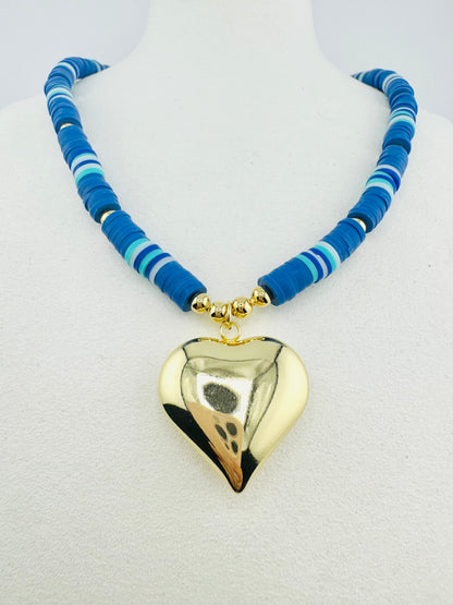 Blue heishi necklace with a heart pendant in 18k gold filled