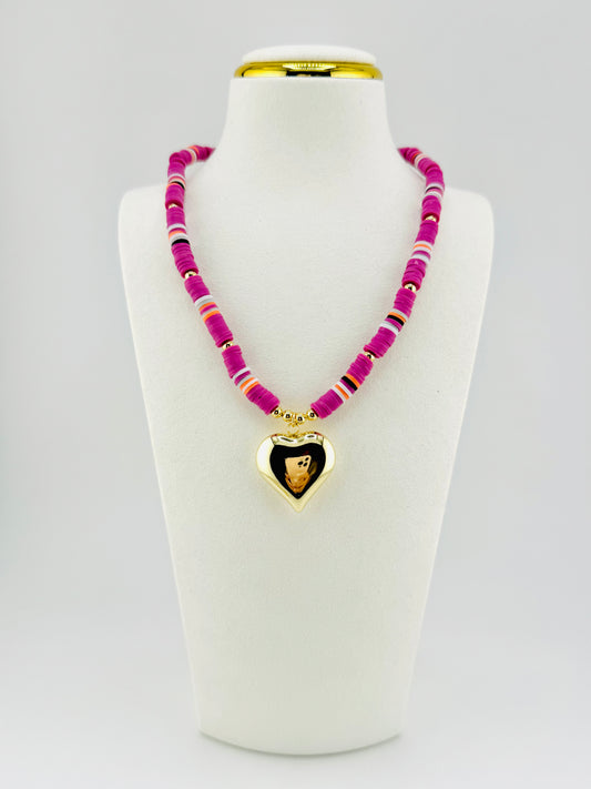 Purple heishi necklace with a heart pendant in 18k gold filled