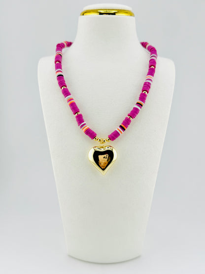 Purple heishi necklace with a heart pendant in 18k gold filled
