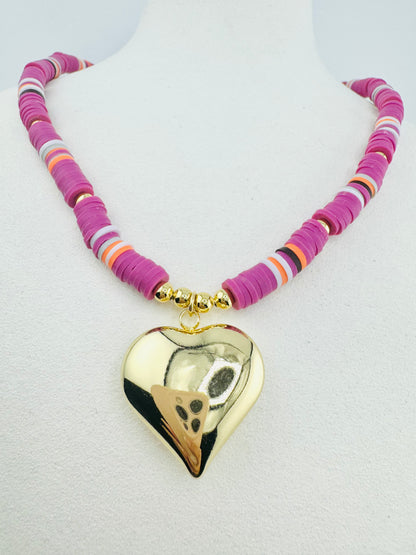 Purple heishi necklace with a heart pendant in 18k gold filled