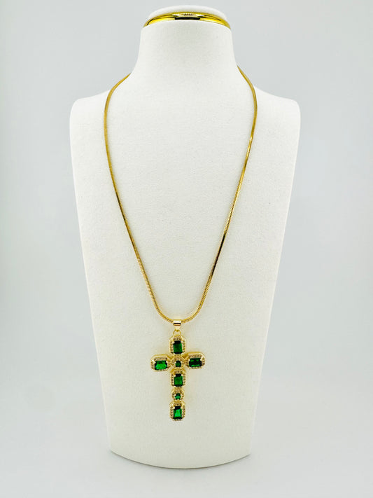 Green oversize 18k gold filled cross necklace