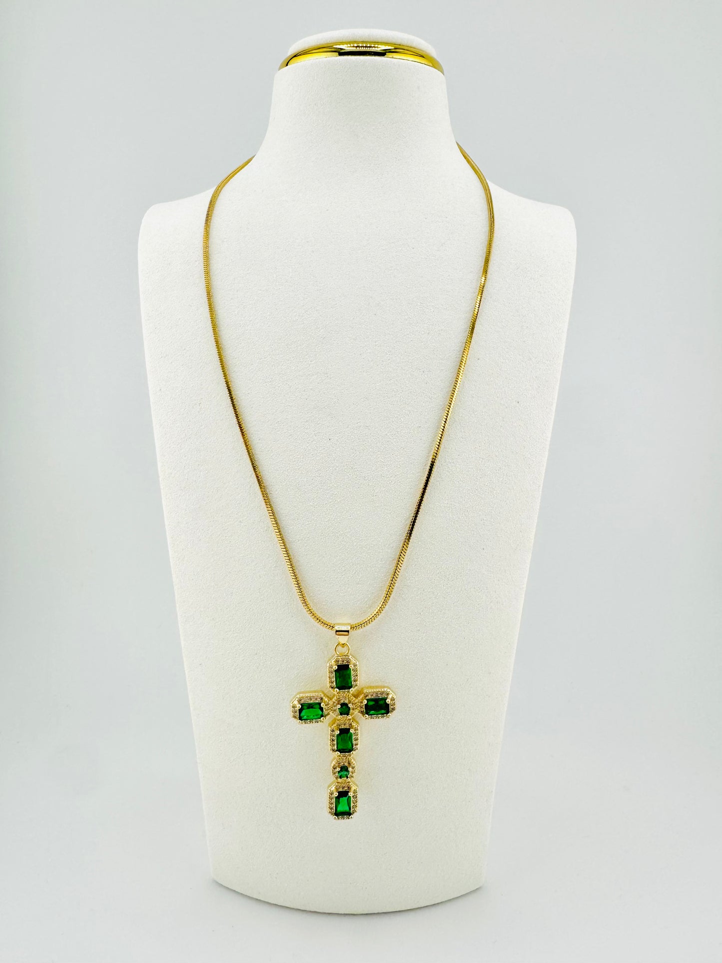 Green oversize 18k gold filled cross necklace
