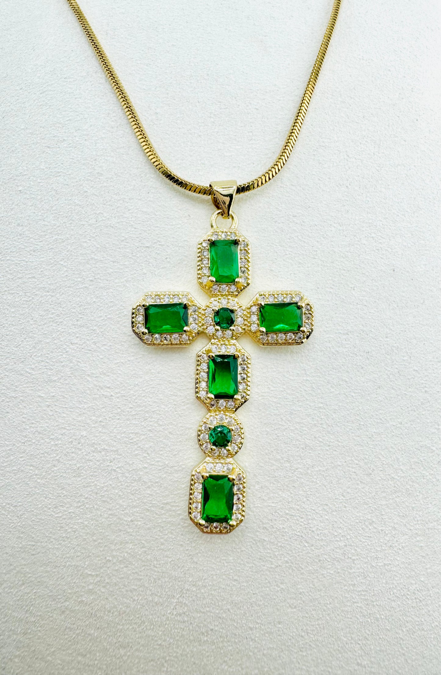 Green oversize 18k gold filled cross necklace