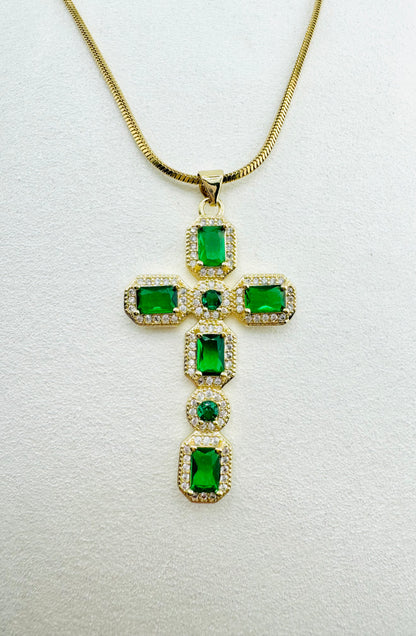 Green oversize 18k gold filled cross necklace