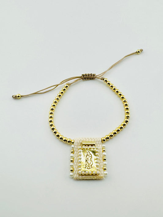 Virgin Mary pearl and 18k woven gold filled bracelet