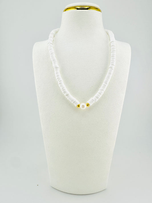 White heishi and real fresh water pearl necklace