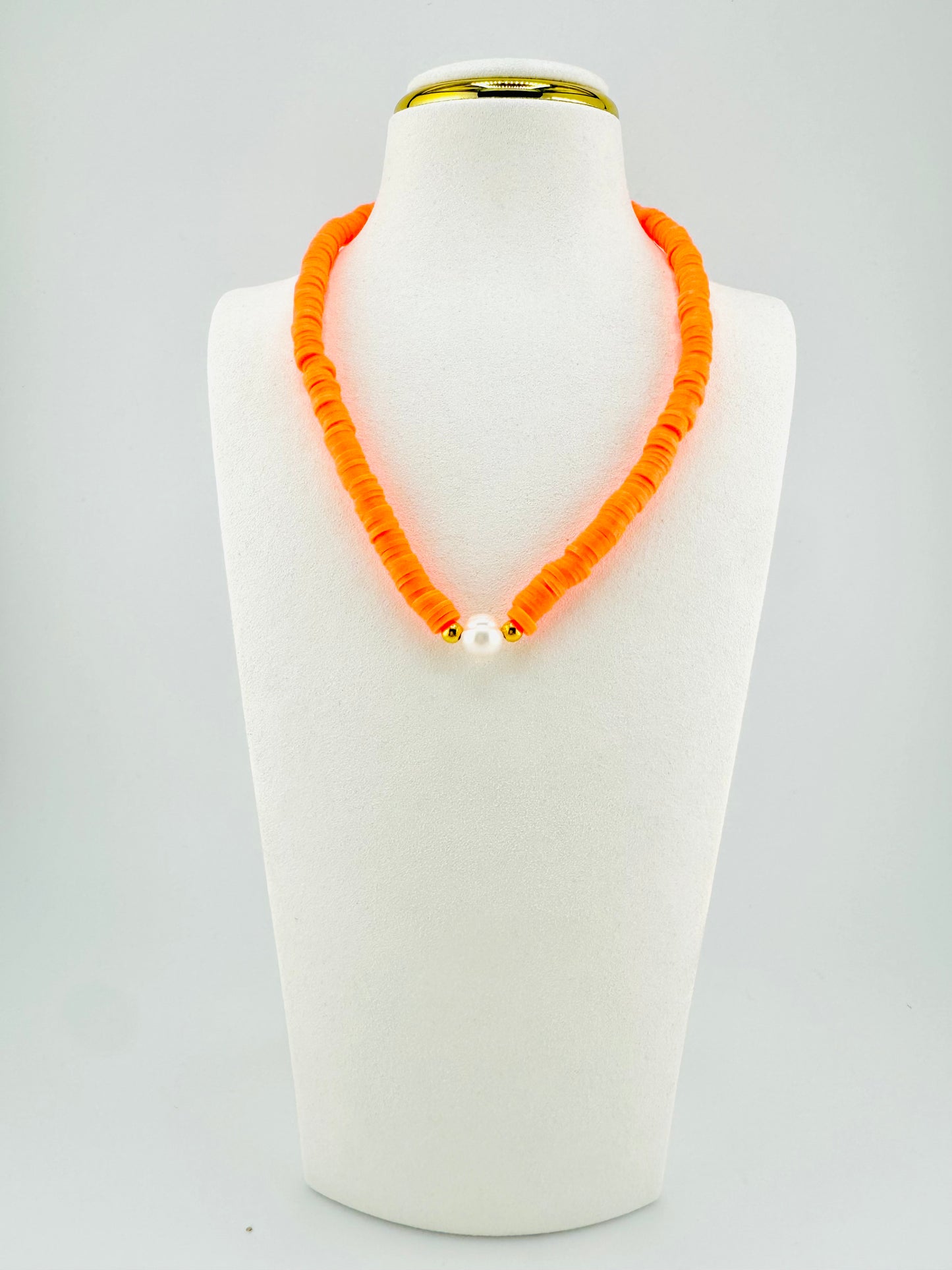 Orange heishi and real fresh water pearl necklace