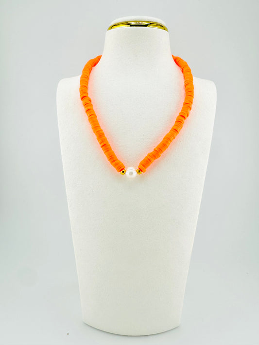 Orange heishi and real fresh water pearl necklace