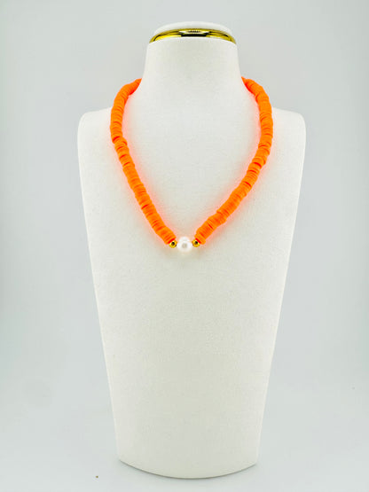 Orange heishi and real fresh water pearl necklace