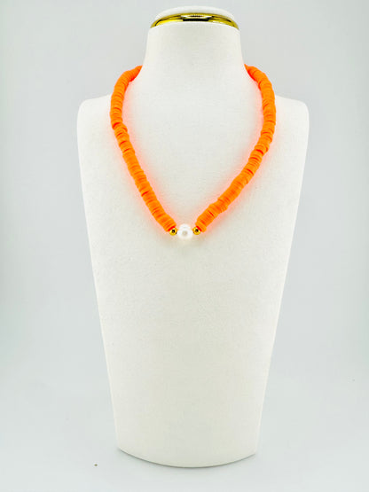 Orange heishi and real fresh water pearl necklace