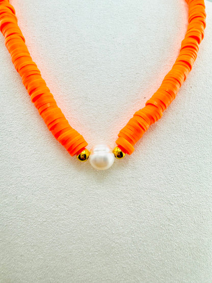 Orange heishi and real fresh water pearl necklace