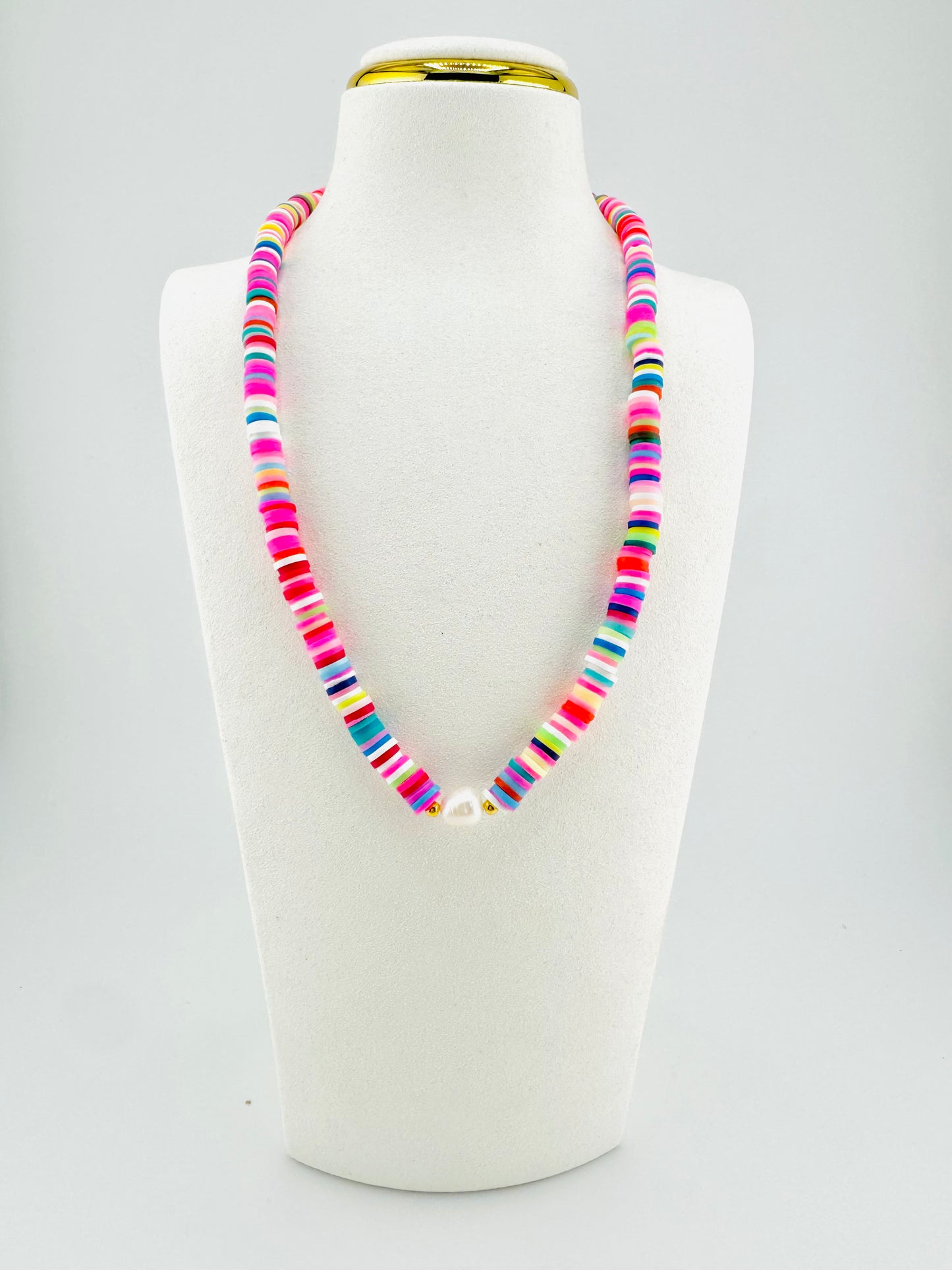 Multicolor heishi and real fresh water pearl necklace