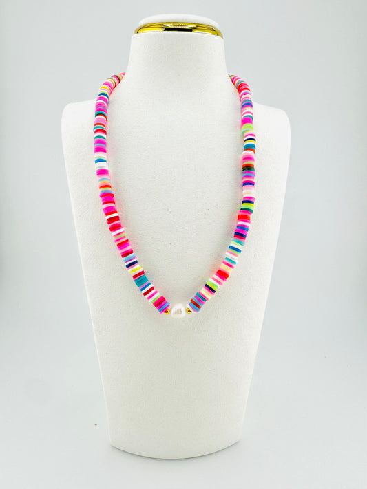 Multicolor heishi and real fresh water pearl necklace