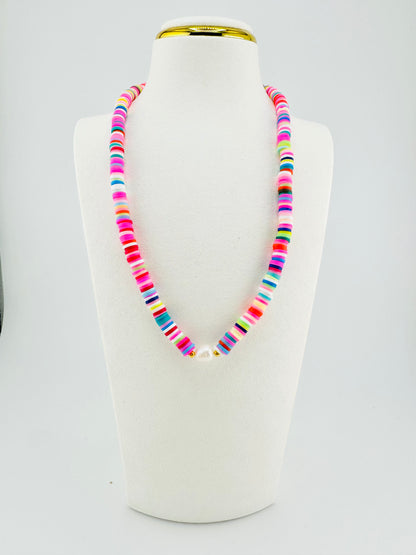 Multicolor heishi and real fresh water pearl necklace