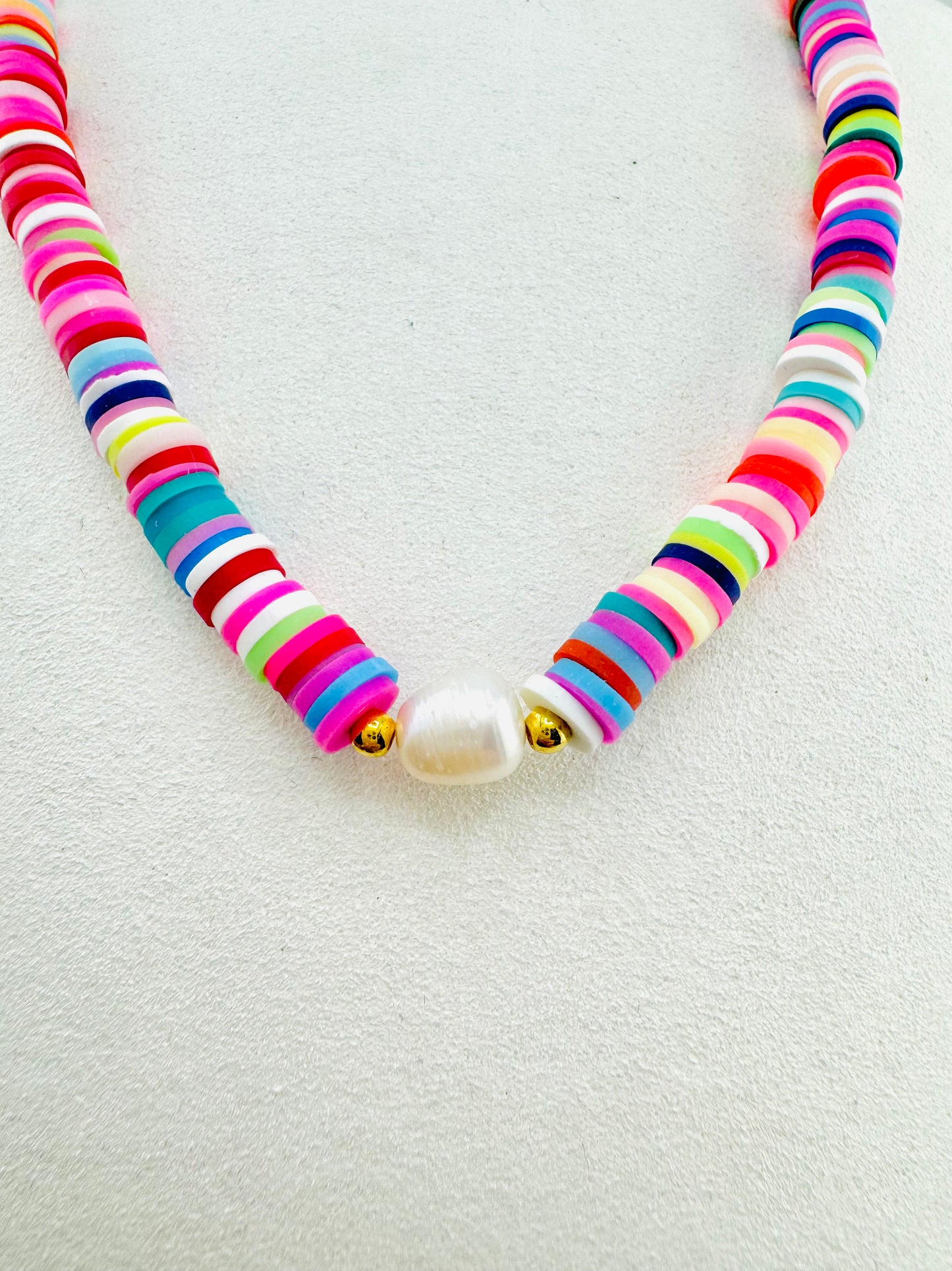 Multicolor heishi and real fresh water pearl necklace