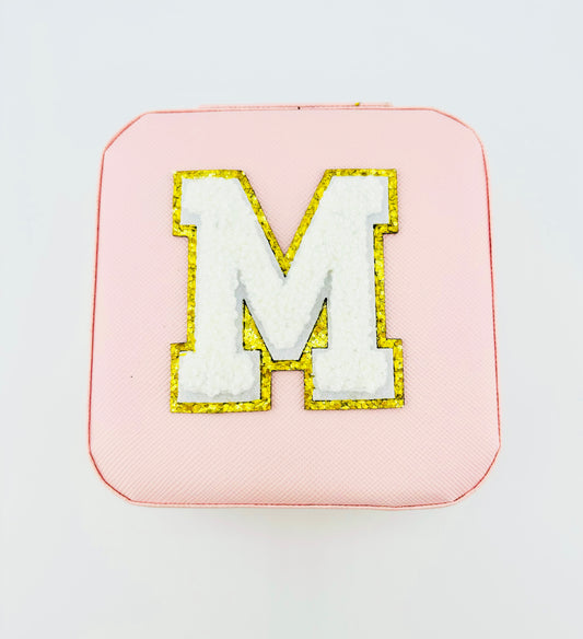 Letter M travel jewelry case in pink