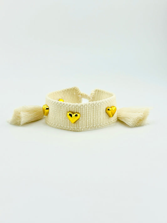 Jimena cream and gold filled hearts woven adjustable bracelet
