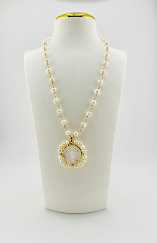 Virgen of Guadalupe fresh water pearls necklace with 18k gold filled