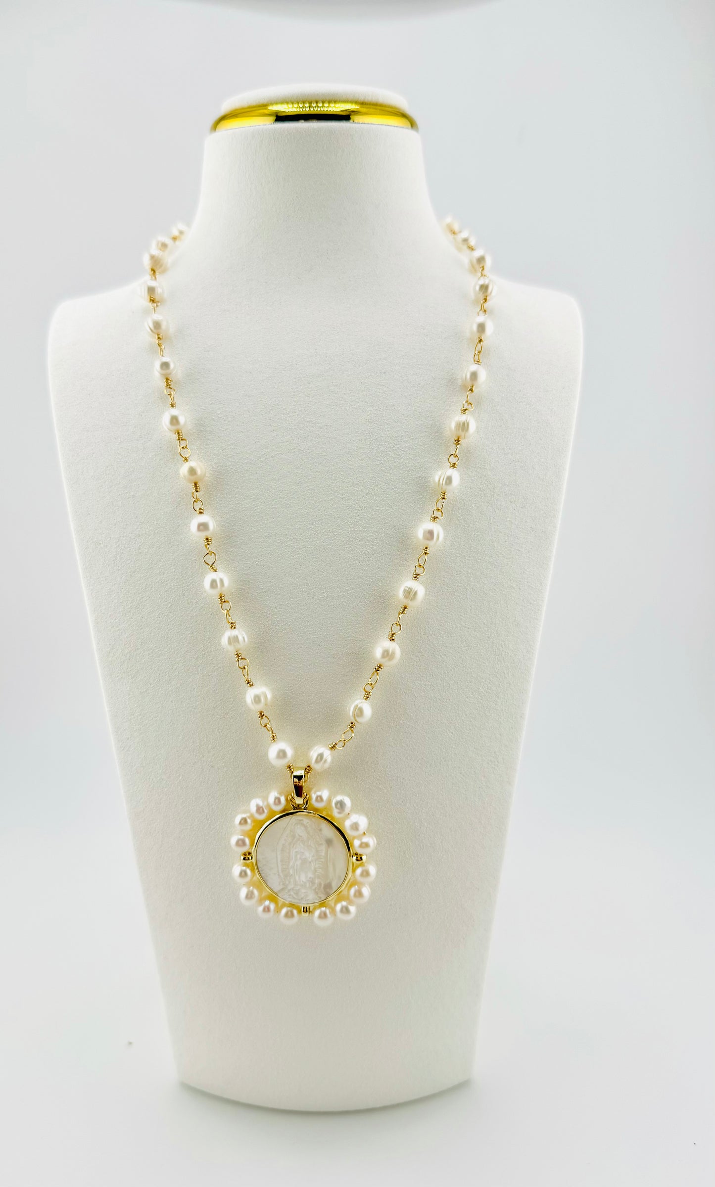 Virgen of Guadalupe fresh water pearls necklace with 18k gold filled