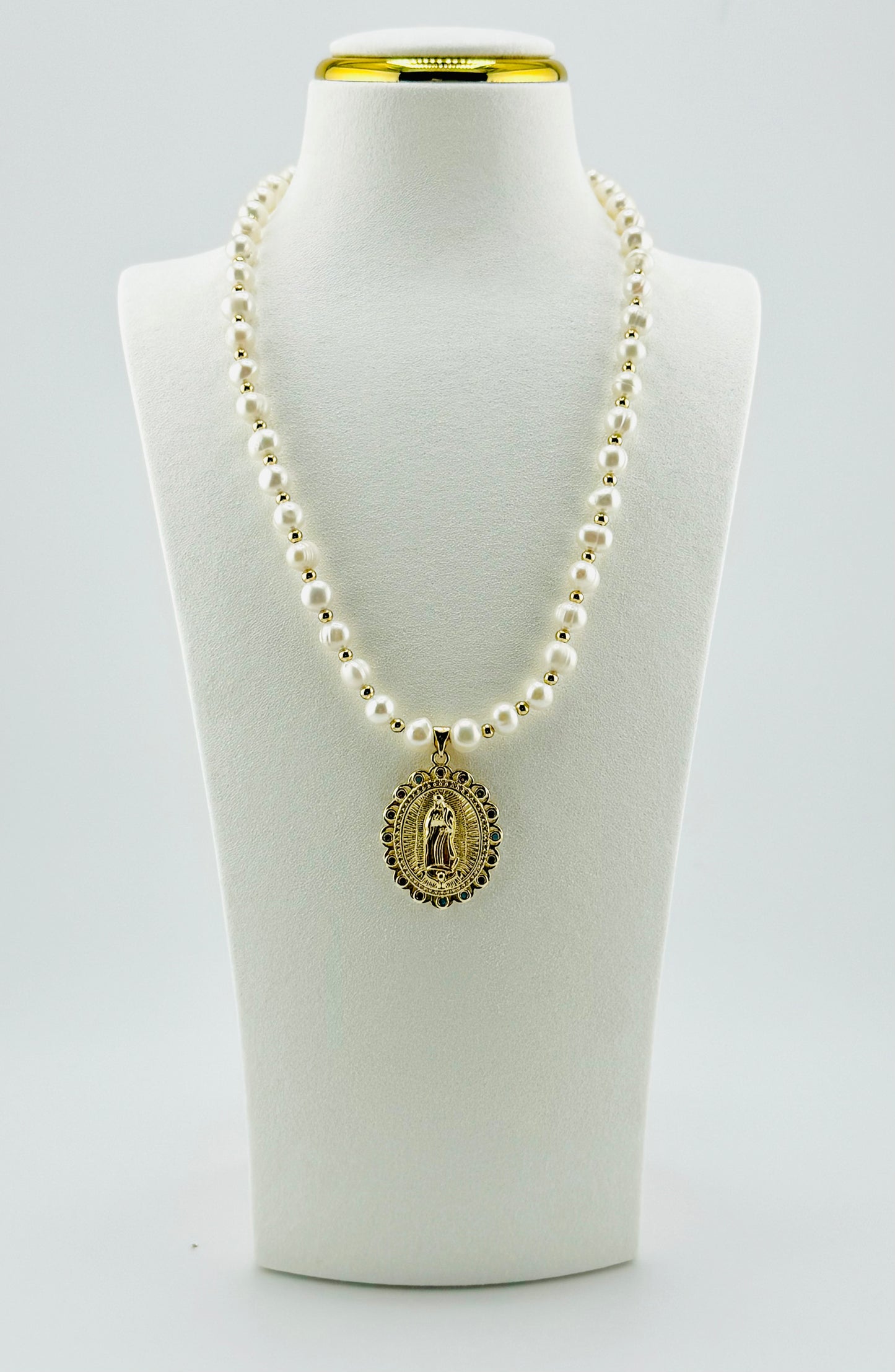 Virgin of Guadalupe gold filled and rhinestones and fresh water pearls