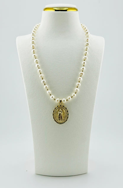 Virgin of Guadalupe gold filled and rhinestones and fresh water pearls