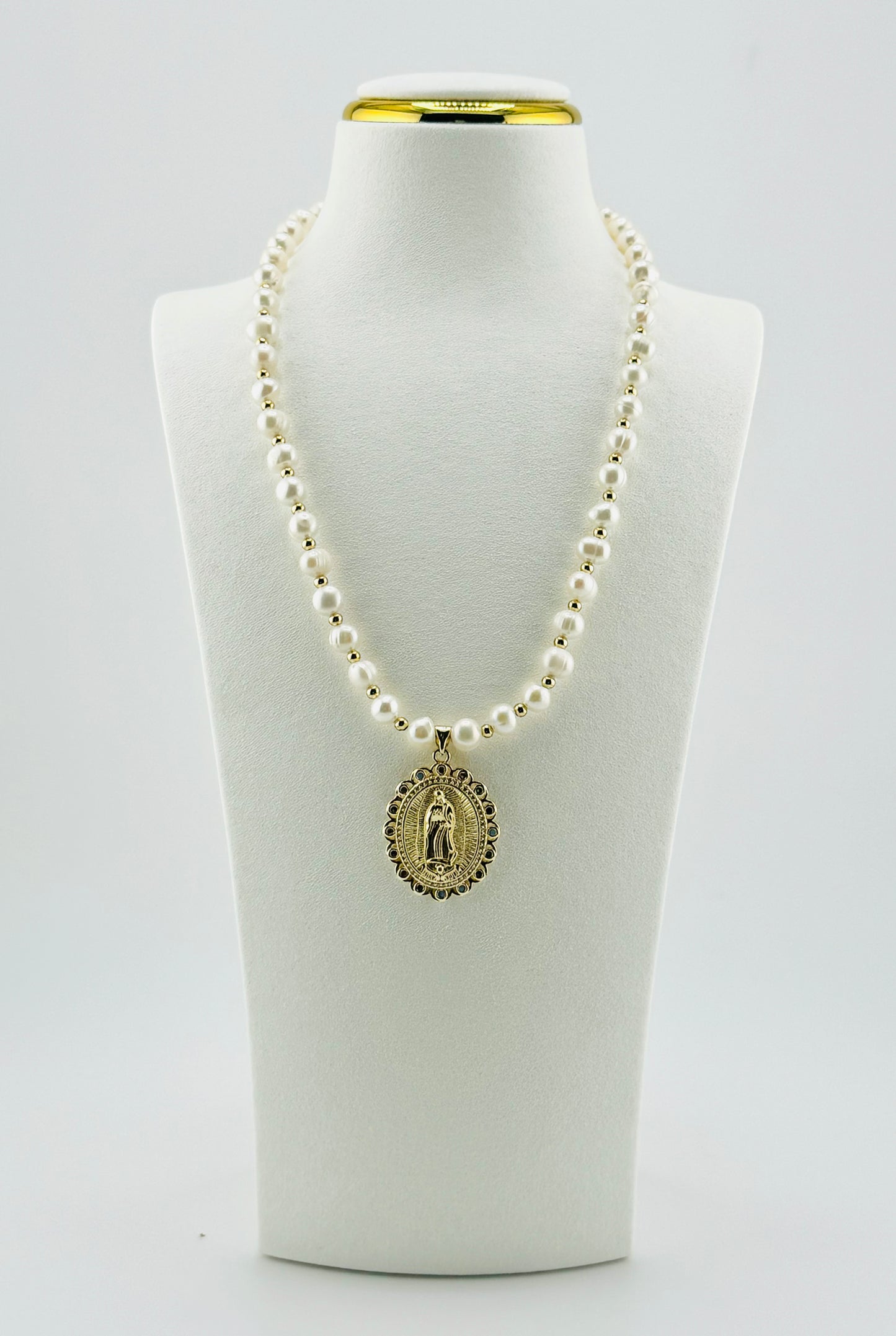 Virgin of Guadalupe gold filled and rhinestones and fresh water pearls