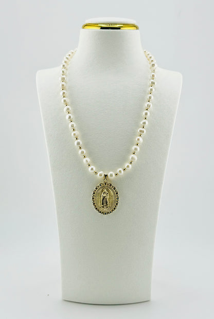 Virgin of Guadalupe gold filled and rhinestones and fresh water pearls