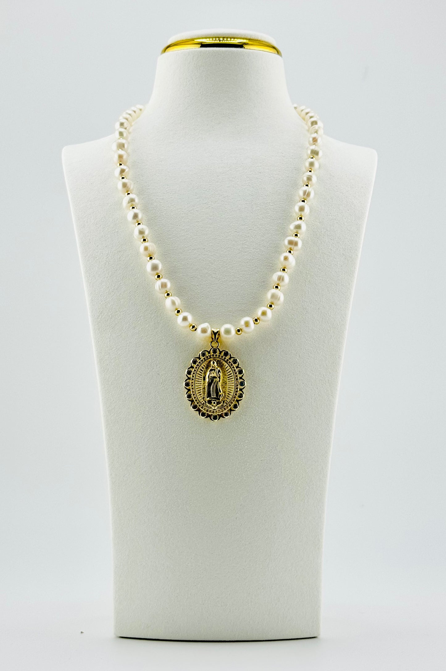Virgin of Guadalupe gold filled and rhinestones and fresh water pearls