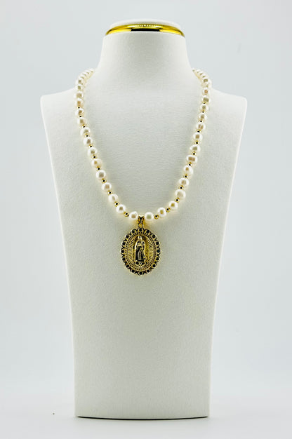 Virgin of Guadalupe gold filled and rhinestones and fresh water pearls