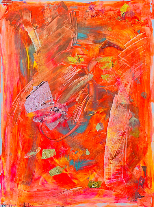 Orange abstract painting with specs of gold leaf