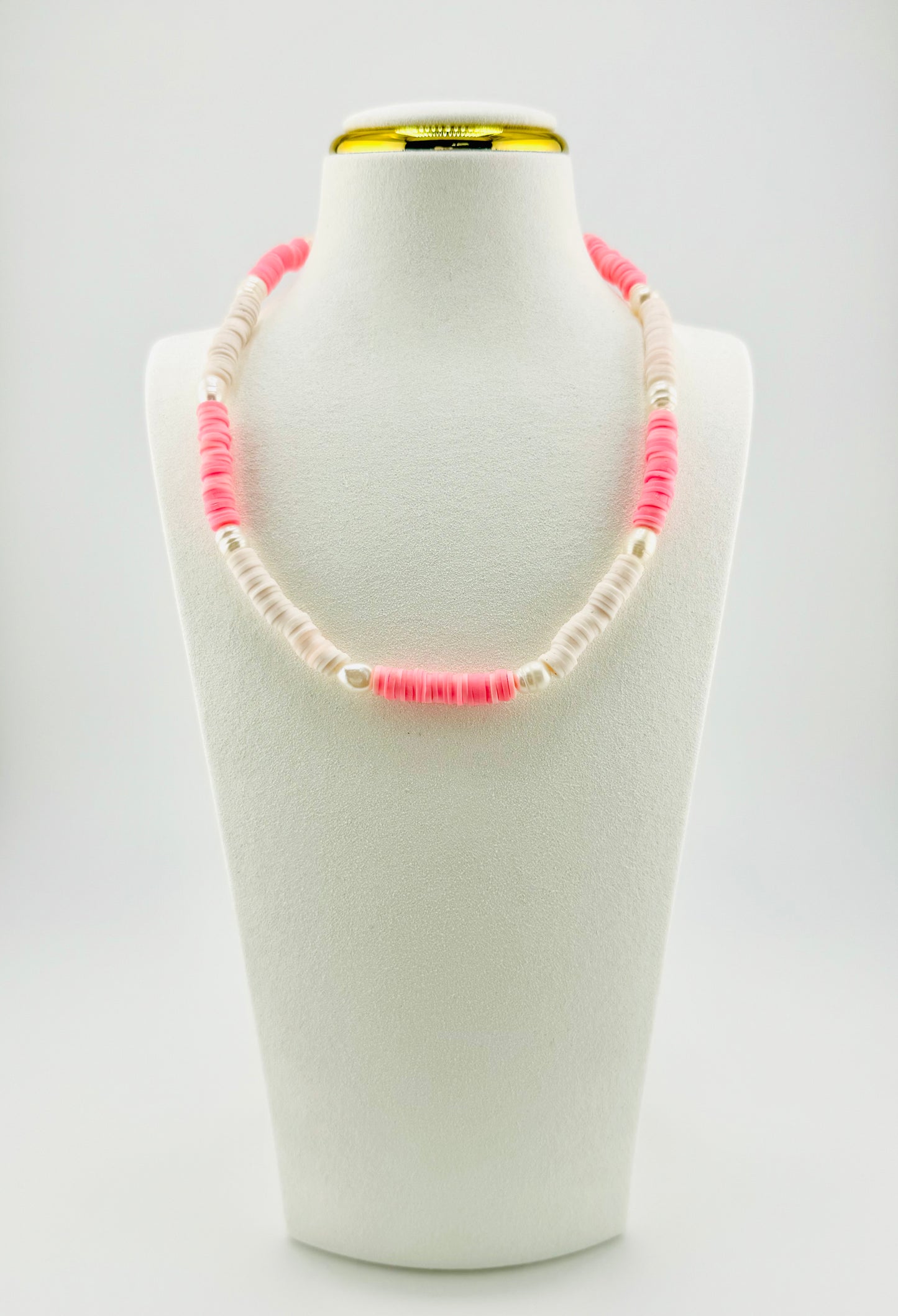 Aria pink clay beads with fresh water pearls necklace