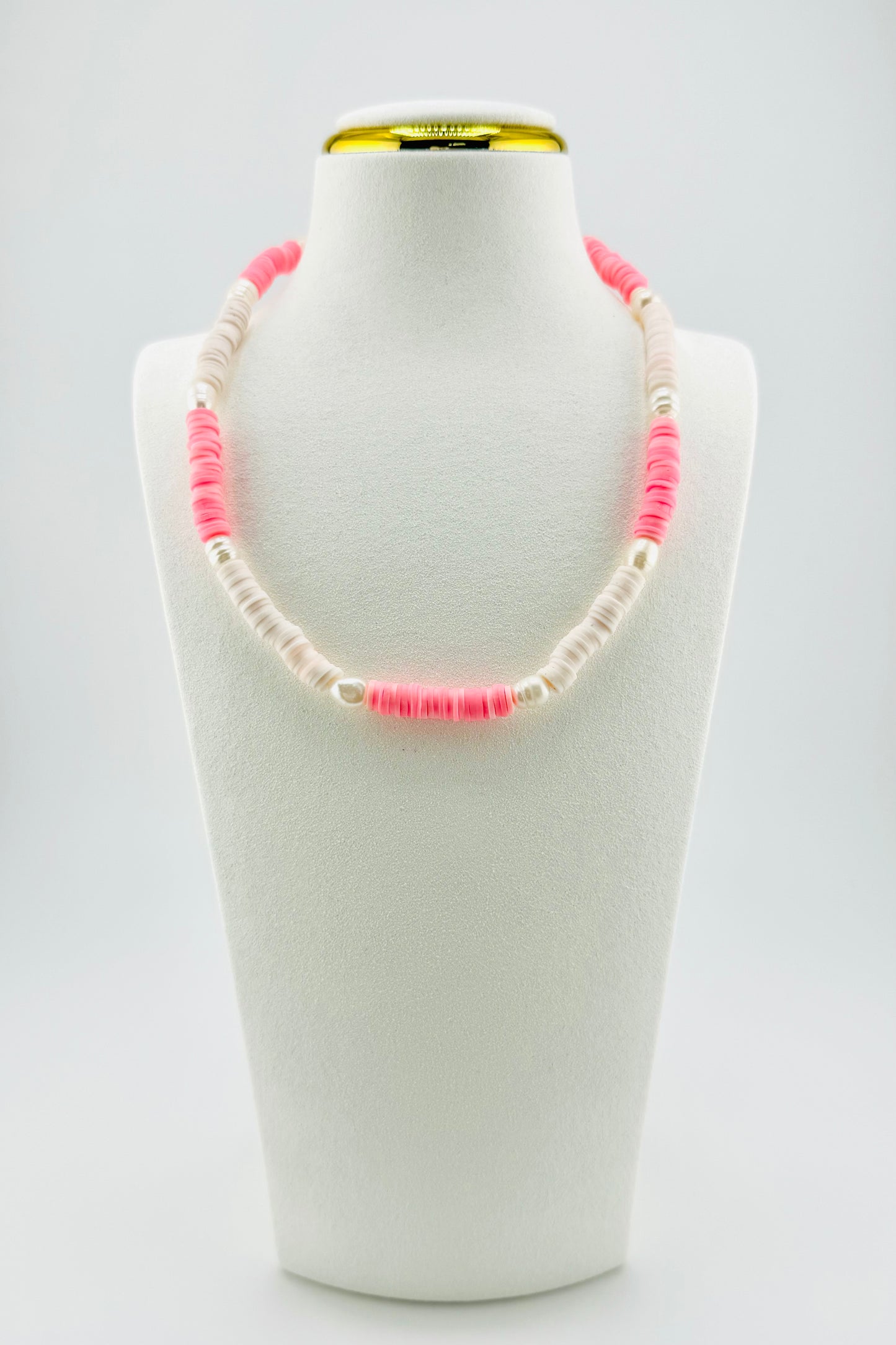 Aria pink clay beads with fresh water pearls necklace