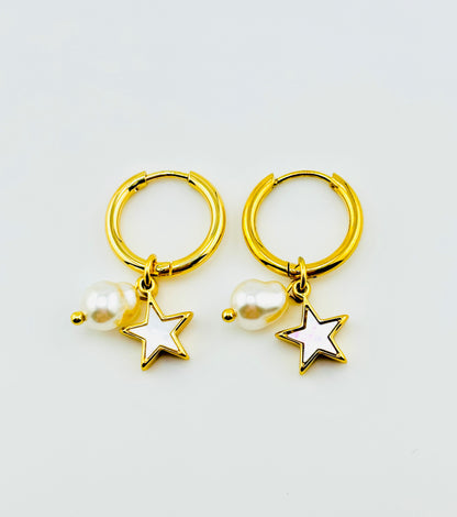 Twinkle twinkle little star dangling 18k gold filled earrings with fresh water pearl
