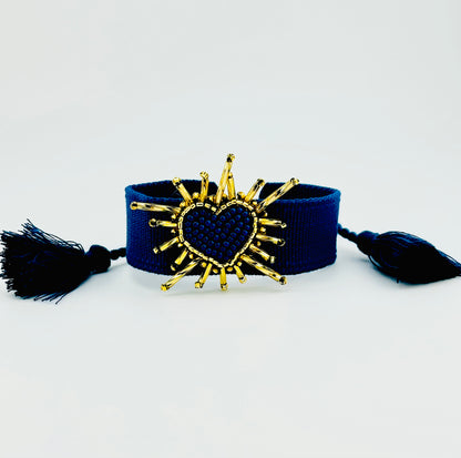 Salma navy heart beaded adjustable woven bracelet