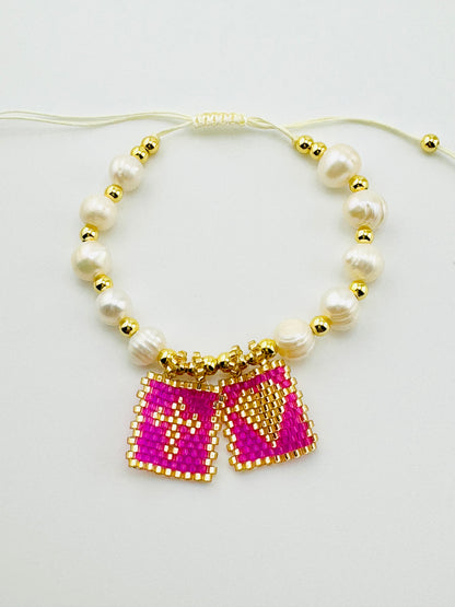 Brielle fresh water pearl with beaded detail in magenta 18k gold filled