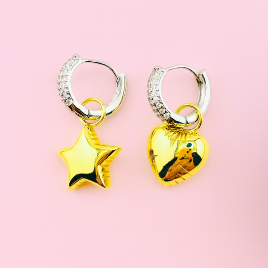 "Mejia balloon hoop earrings in silver and 18K gold filled dangling from ear – Bella Blu Design"