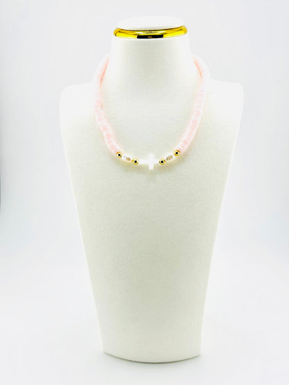 Mother of pearl cross necklace in soft pink with 18K gold beads, Amoura style, Bella Blu Design