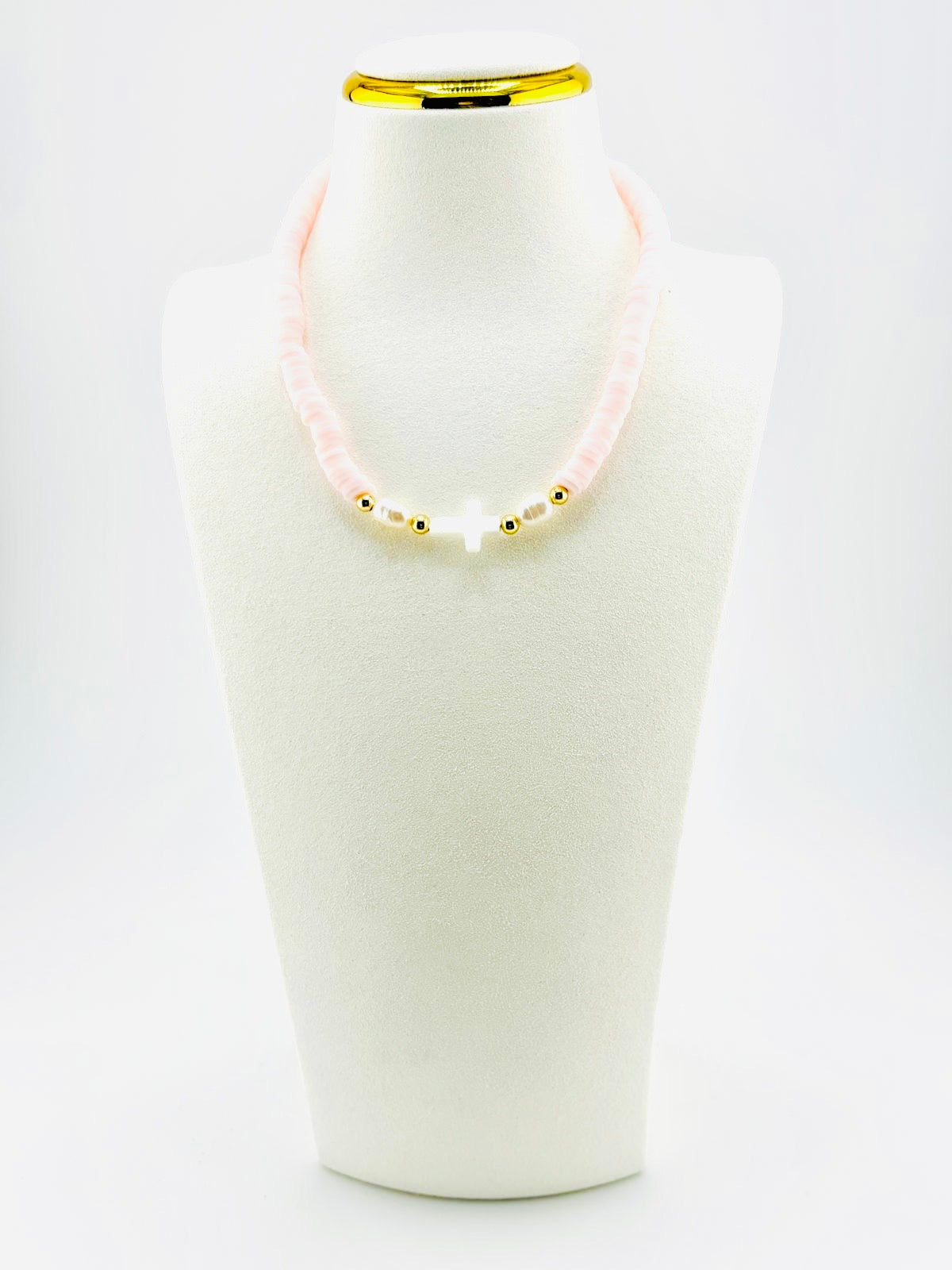 Mother of pearl cross necklace in soft pink with 18K gold beads, Amoura style, Bella Blu Design