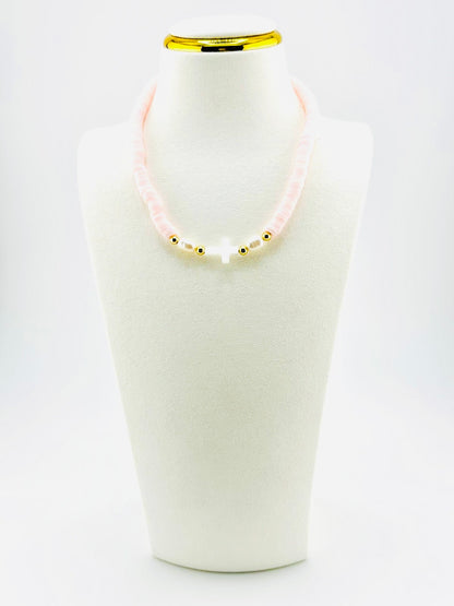Mother of pearl cross necklace in soft pink with 18K gold beads, Amoura style, Bella Blu Design