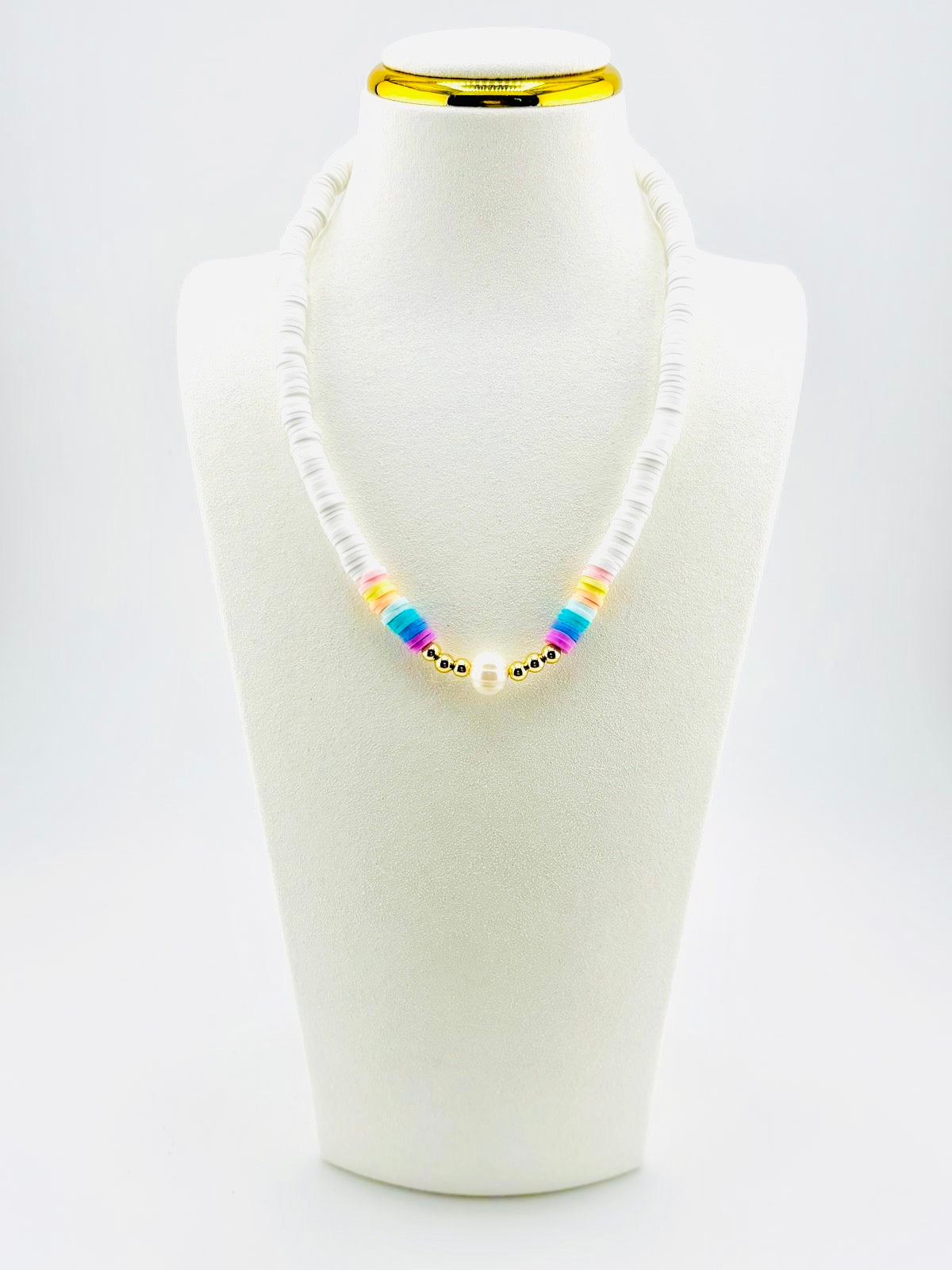 Pastel pearl necklace in white with 18K gold filled beads, Liliette style, Bella Blu Design