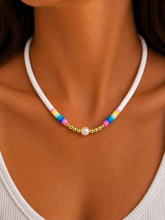 Pastel pearl necklace in white with 18K gold filled beads, Liliette style, Bella Blu Design