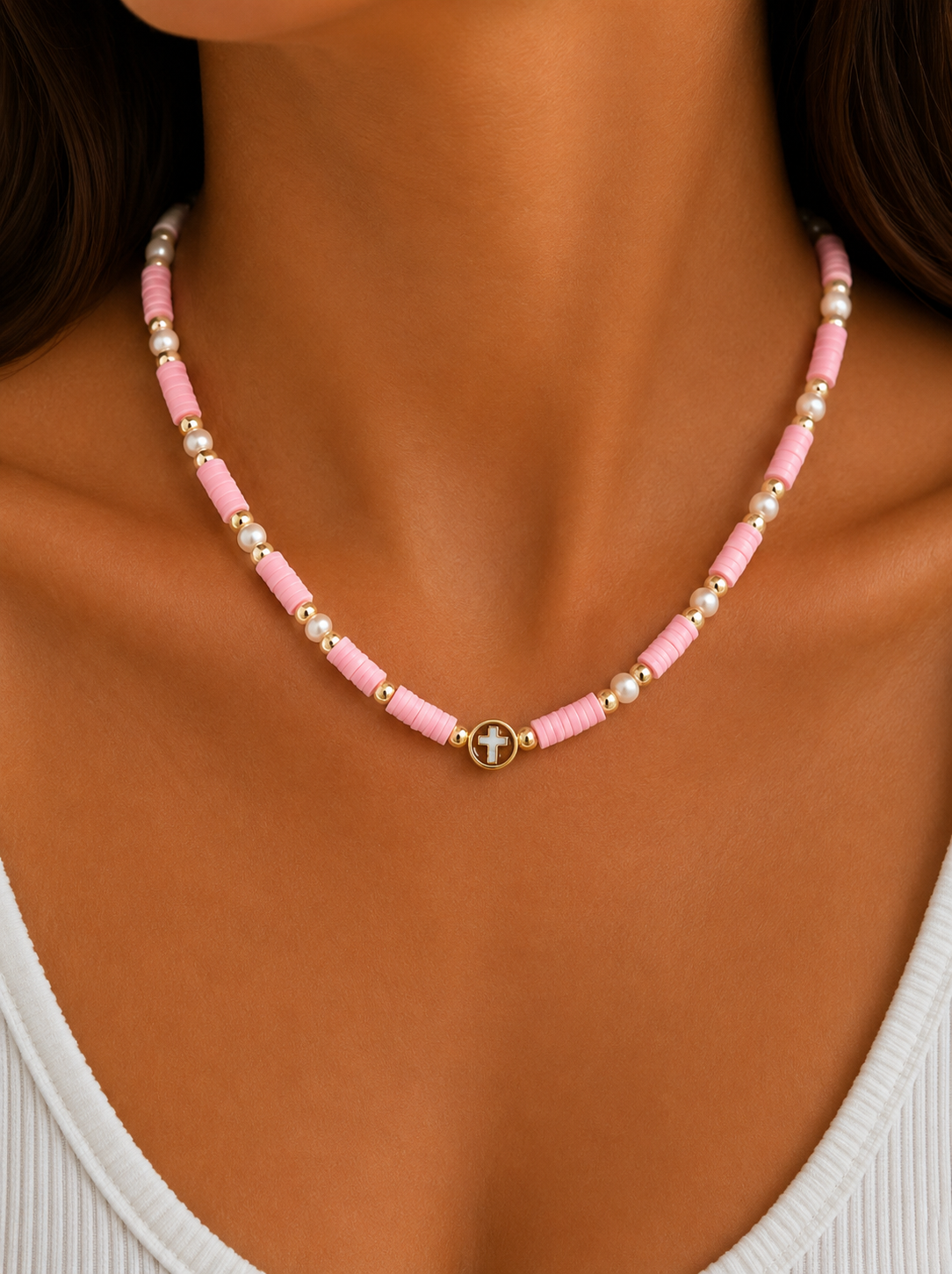Pearl cross necklace in soft pink with 18K gold filled accents, Annelise style, Bella Blu Design