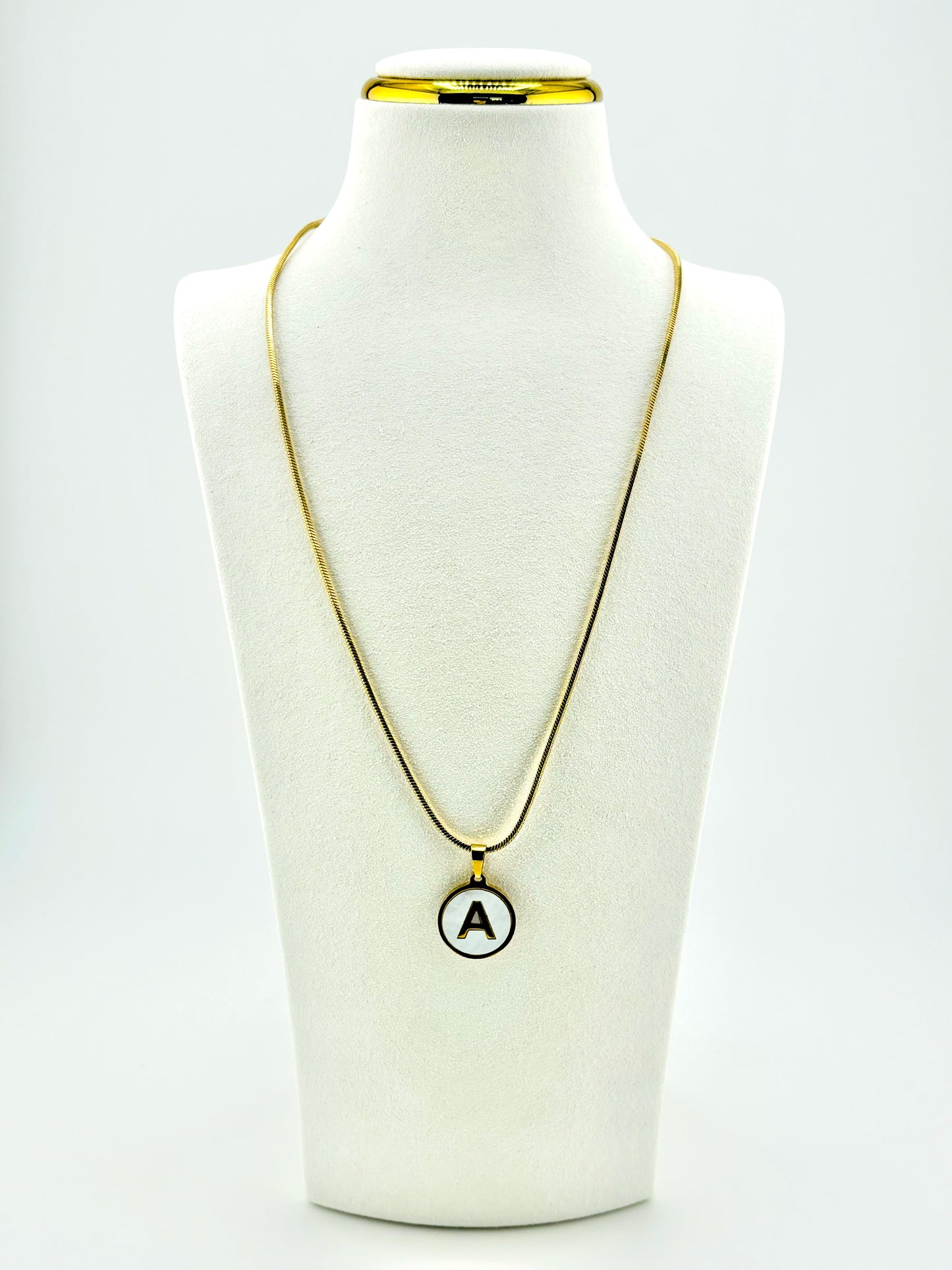 Personalized mother-of-pearl initial A necklace in gold-tone stainless steel