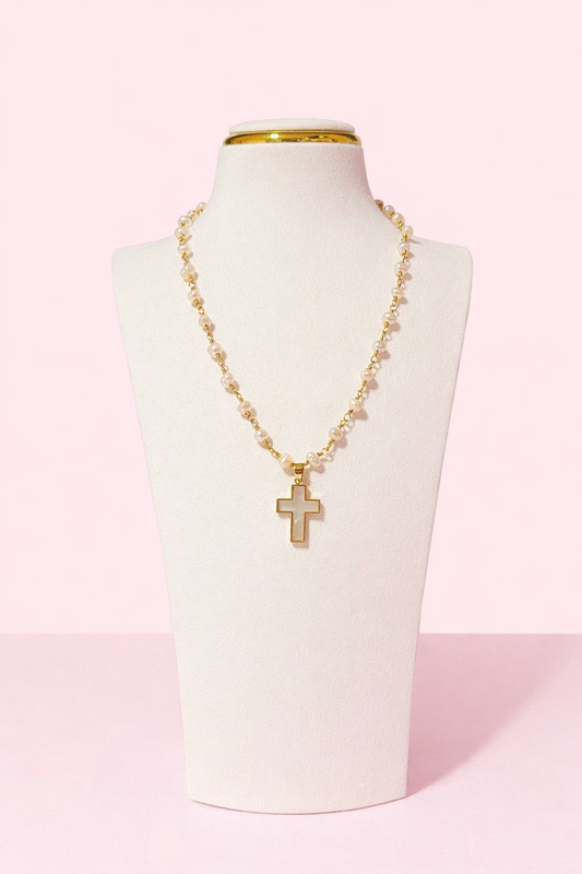 Seraphina freshwater pearl cross necklace with 18K gold-filled chain and mother-of-pearl cross pendant