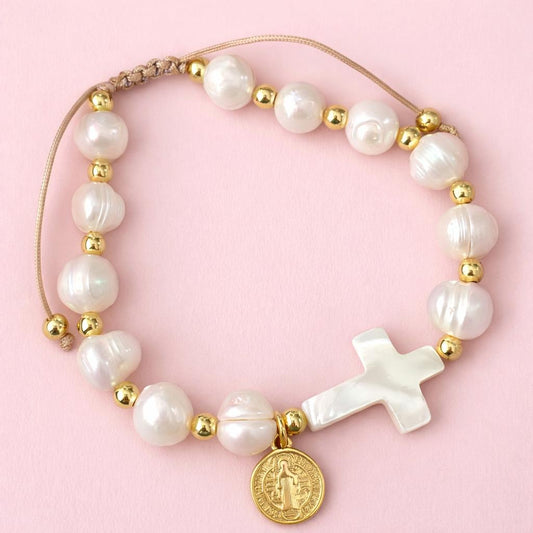 Sherlyn freshwater pearl cross bracelet with 18K gold-filled beads, mother-of-pearl cross and faith medal