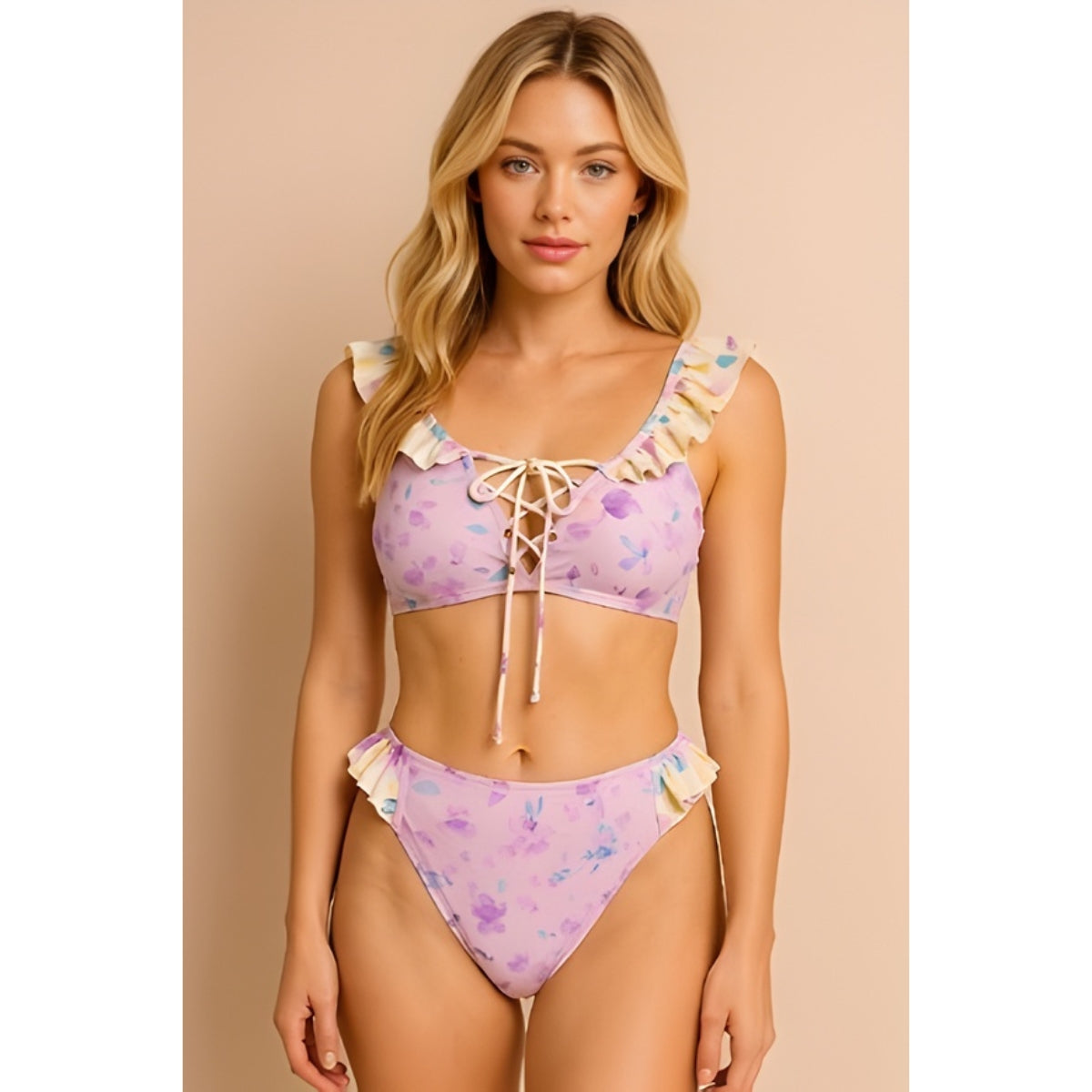 Studio front view of Arianna lavender floral ruffle bikini set