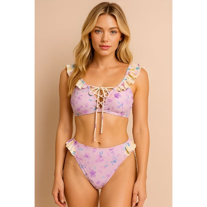 Studio front view of Arianna lavender floral ruffle bikini set