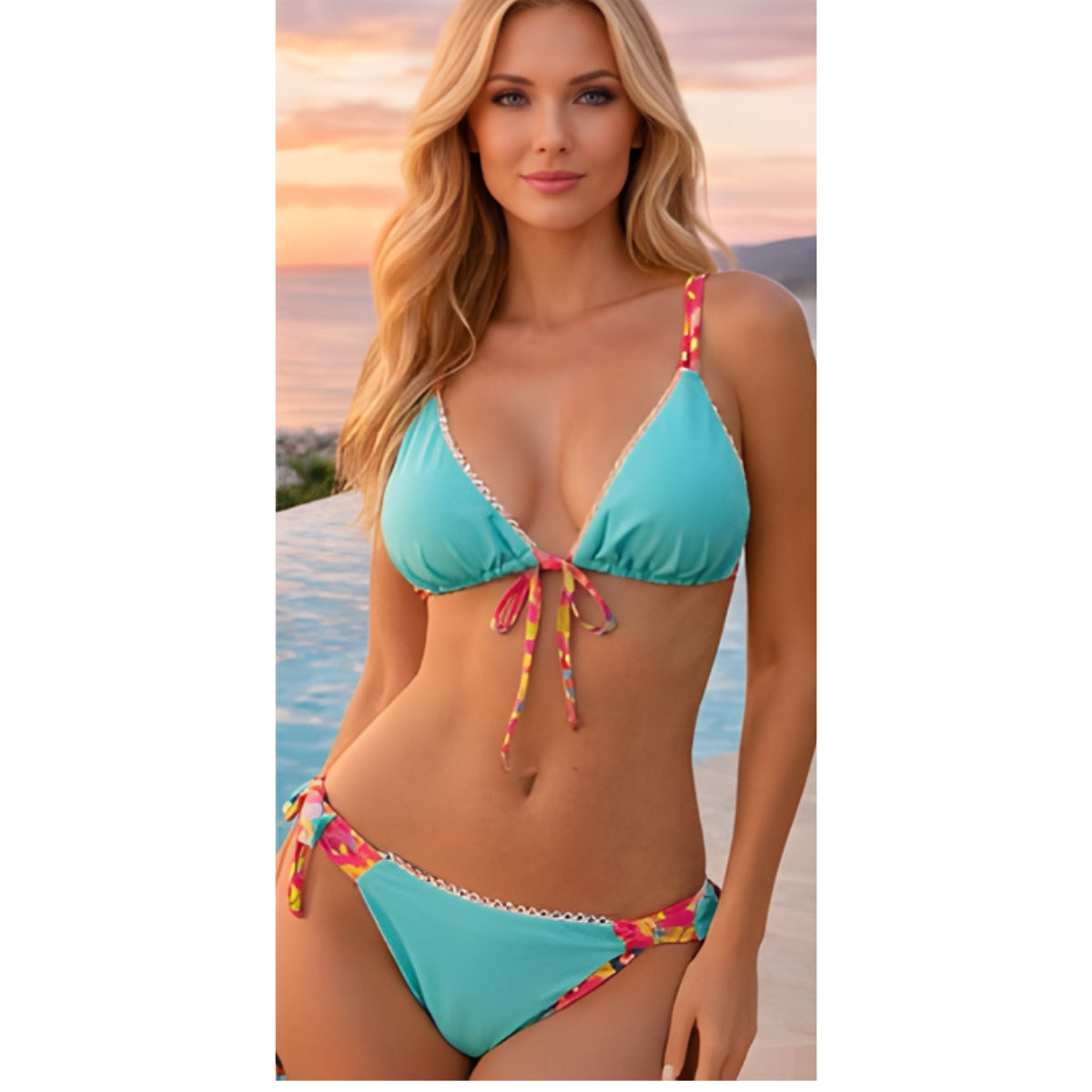 Turquoise bikini set with tropical floral trim and lace detailing – Bella Blu Design